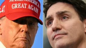 La combinaison d'images créée le 5 mars 2025 montre le président américain Donald Trump à la base conjointe Andrews dans le Maryland le 28 février 2025 et le Premier ministre canadien Justin Trudeau le 1er février 2025 sur la Colline du Parlement à Ottawa, Canada.