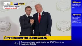 La poignée de mains entre Donald Trump et Emmanuel Macron au sommet de la paix à Gaza, qui se tient en Égypte 