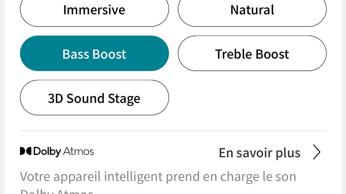 Cinq options différentes sont proposées pour l'égaliseur dans l'application. 
