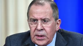 Le ministre russe des Affaires étrangères, Sergueï Lavrov, le 14 avril 2017 lors d'une conférence de presse à Moscou avec ses homologues iranien et syrien