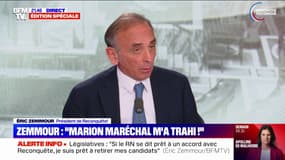 Législatives: "Je suis prêt à retirer mes candidats [...] dans le cadre d'une négociation" avec le Rassemblement national, déclare Éric Zemmour