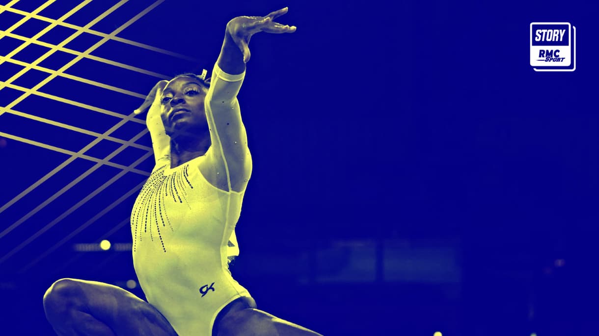 Simone Biles en action à la poutre lors des Mondiaux 2019