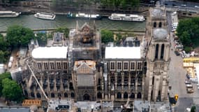 Photographie aérienne des travaux de la cathédrale Notre-Dame-de-Paris prise le 12 juin 2019.