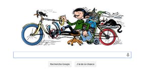 Gaston Lagaffe juché sur l'une de ses inventions, doodle de ce vendredi 28 février 2014.