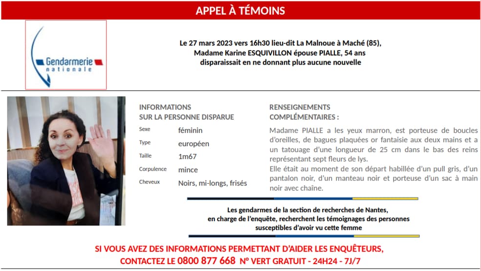 Appel à témoins pour la disparition de Karine Esquivillon, 54 ans, en Vendée