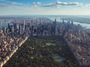Vue de Central Park à New York, le poumon vert de la ville, entouré de gratte-ciel qui se vendent des centaines de millions de dollars.