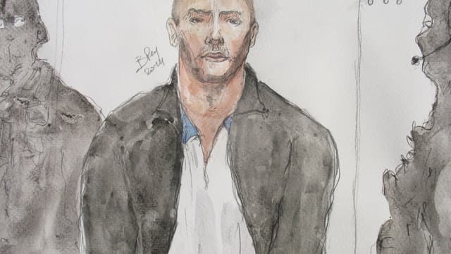 Dessin de Mehdi Nemmouche face à la justice, le 26 juin 2014.