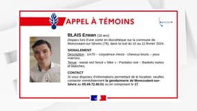Erwan, 18 ans, a disparu le 11 février 2024 à Moncoutant-sur-Sèvre (Deux-Sèvres). 