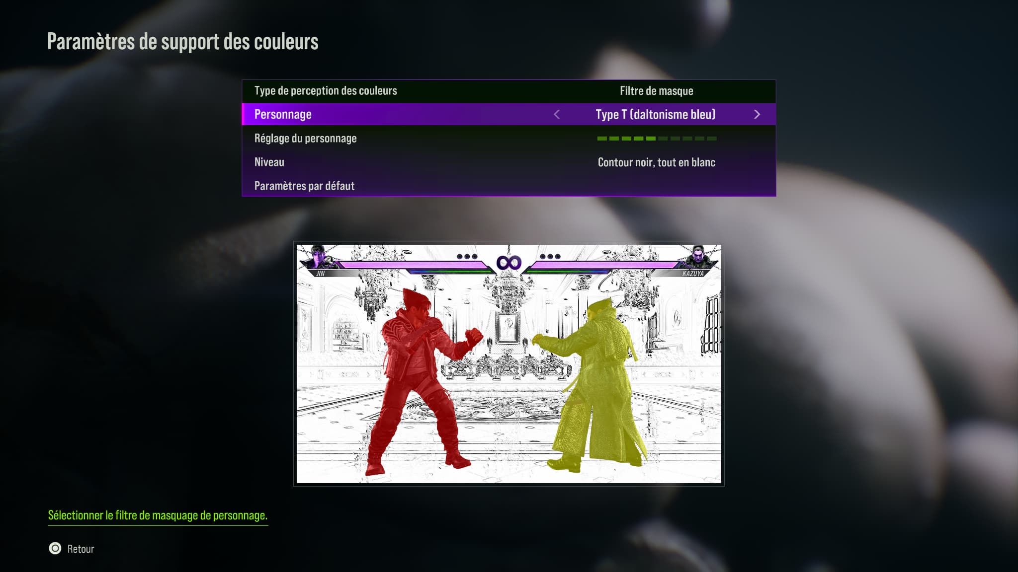 Les paramètres classiques de support des couleurs dans Tekken 8 pour les joueurs malvoyants.