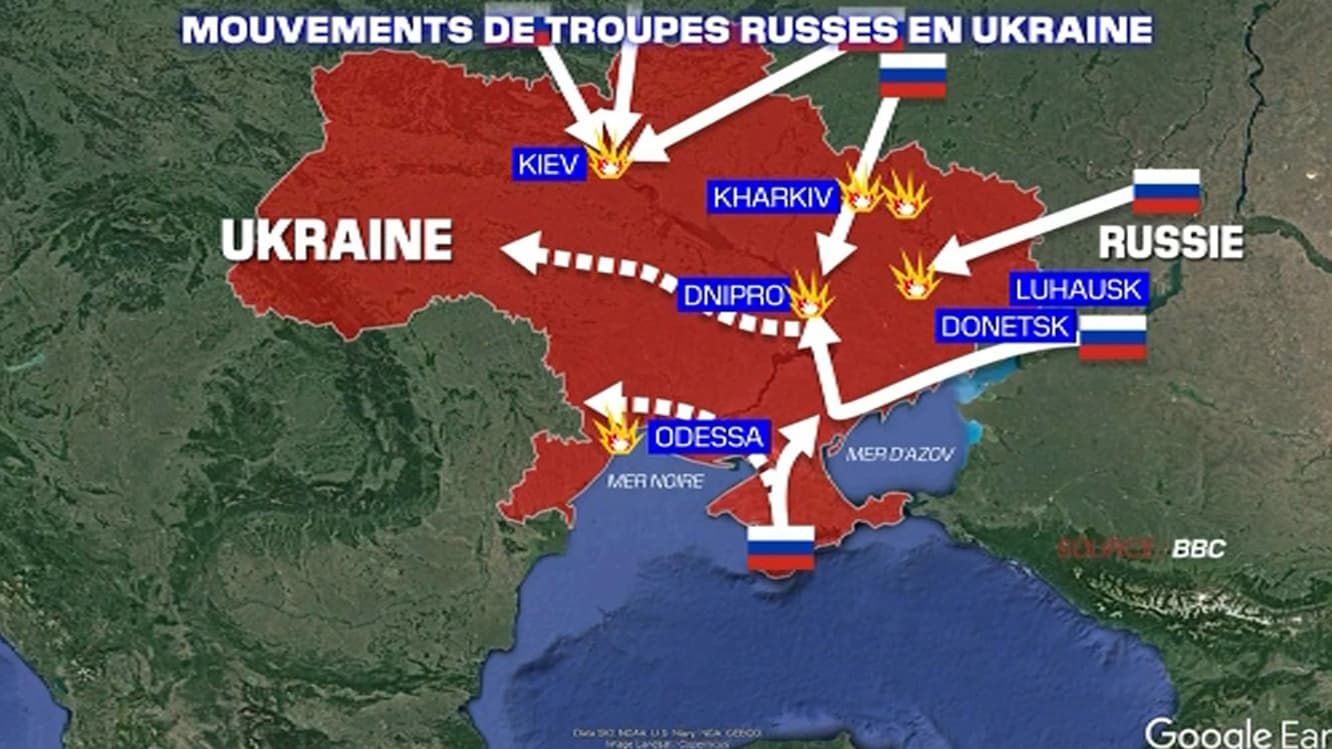 La carte de l'Ukraine et des mouvements des troupes russes ce jeudi.