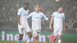 Geoffrey Kondogbia, Gabriel Medina et Pierre-Emile Hojbjerg après la défaite de l'OM à Bruges (3-0, Ligue des champions), le 28 janvier 2026