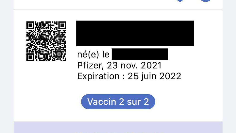 Exemple d'un pass vaccinal avec deux doses, lié à un schéma vaccinal complet mais affichant une date d'échéance Exemple d'un pass vaccinal avec deux doses, lié à un schéma vaccinal complet mais affichant une date d'échéance
