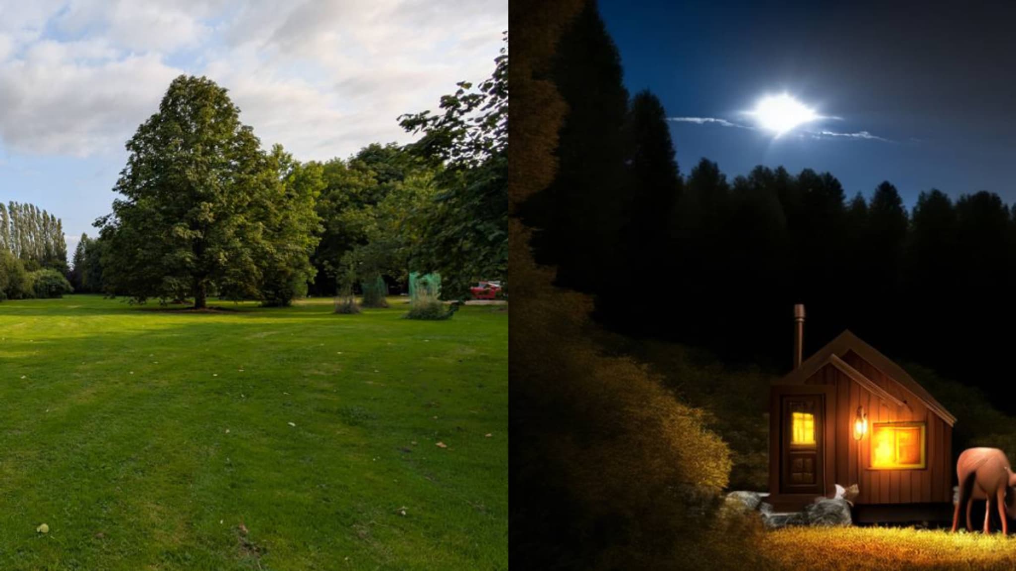 A gauche: la photo prise au Pixel 9 Pro -  A droite: la photo retouchée par l'IA en demandant un ciel nouveau, une maison aux fenêtres allumées et un renne devant