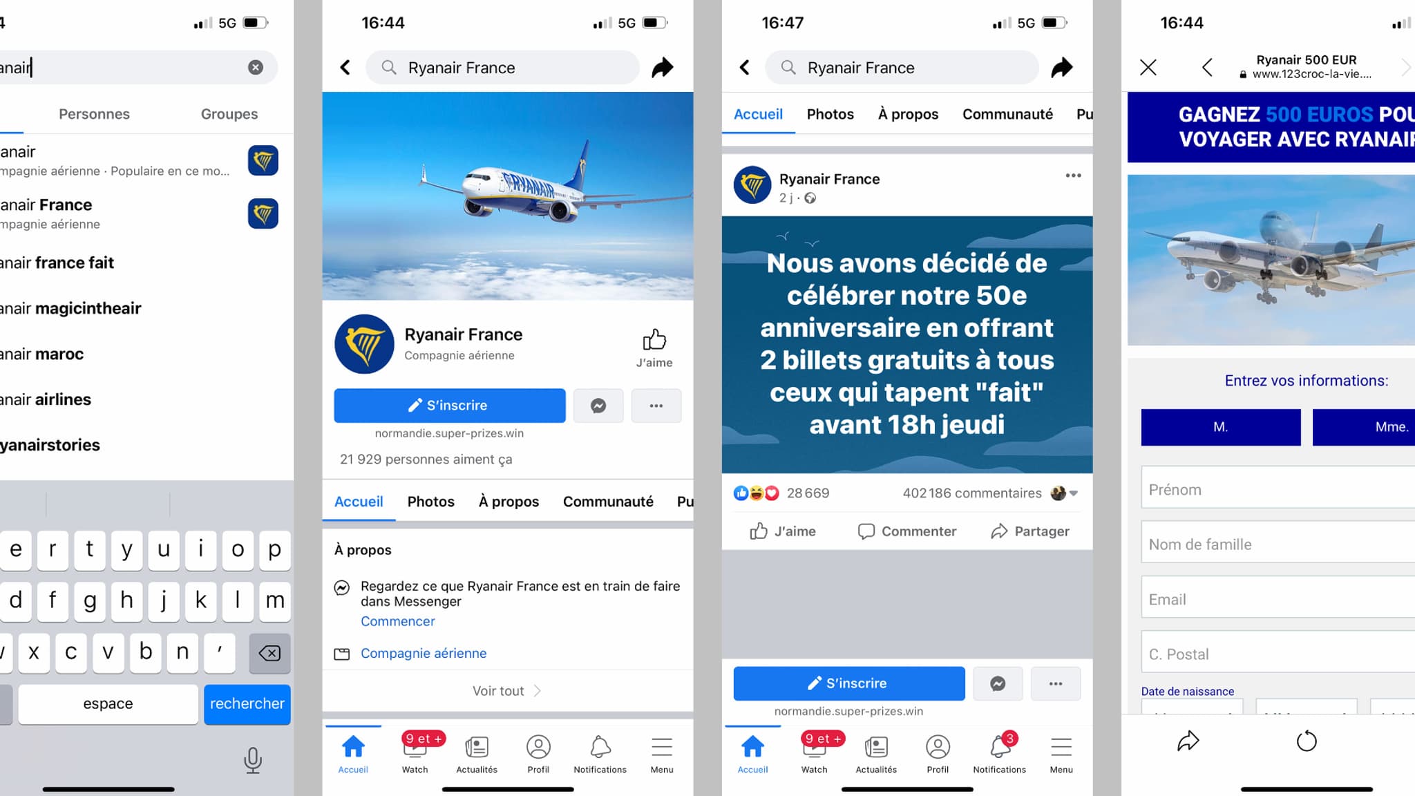 La fausse page Facebook Ryanair, ainsi que le formulaire vers lequel elle redirige les internautes