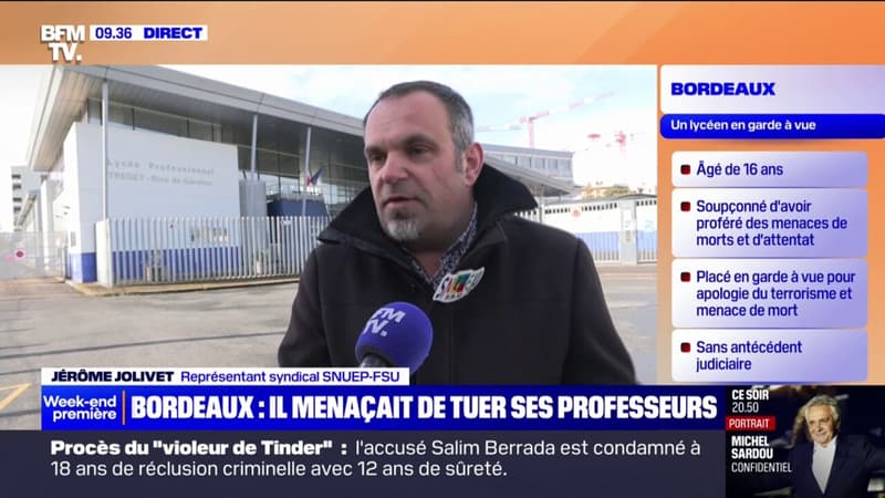 Oui ces menaces nous inquiètent, déclare Jérôme Jolivet, représentant syndical SNUEP-FSU de l'enseignement professionnel à propos des menaces contre des professeurs à Bordeaux