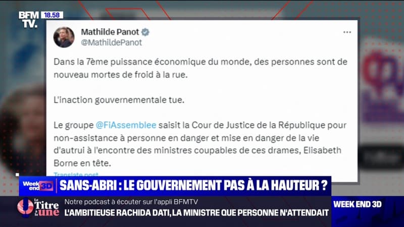 Froid: Mathilde Panot, présidente de La France Insoumise à l'Assemblée nationale, réagit sur X après la mort de trois personnes sans-abri