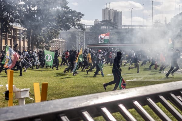 Des manifestants courent à l'intérieur de l'enceinte du Parlement kenyan lors d'une grève nationale pour protester contre les hausses d'impôts et le projet de loi de finances dans le centre de Nairobi, le 25 juin 2024. 