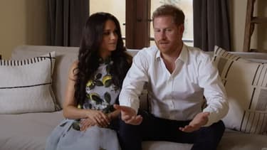Meghan et Harry lors d'une conférence de presse Spotify le 22 février.