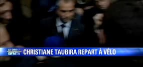 Christiane Taubira quitte le ministère de la Justice à vélo après la passation de pouvoir