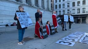 Des militants manifestent contre l'inaction de l'Etat sur la pédocriminalité dans l'Eglise devant le palais de justice de Lyon