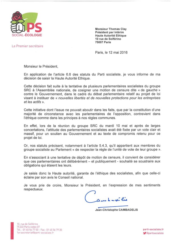 La lettre de Jean-Christophe Cambadélis à la haute autorité.
