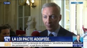 Bruno Le Maire "très heureux" de l'adoption de la loi Pacte et du projet de privatisation d'ADP