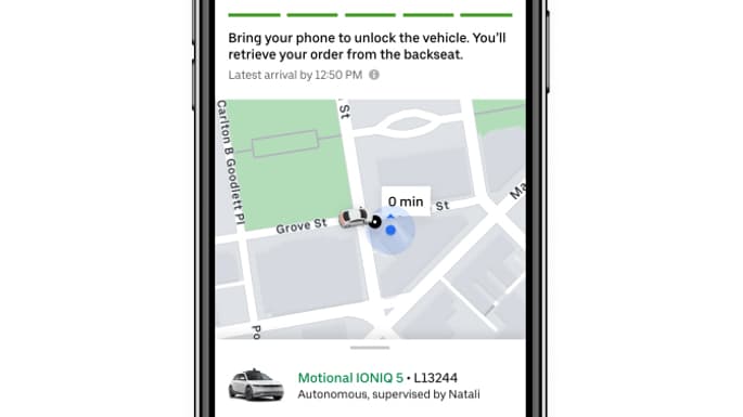 Capture d'écran de l'application Uber Eats, lors de l'expérimentation de la livraison par robot ou voiture autonome