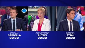 Jordan Bardella, Clémentine Autain et Gabriel Attal le 16 juin 2022 sur BFMTV