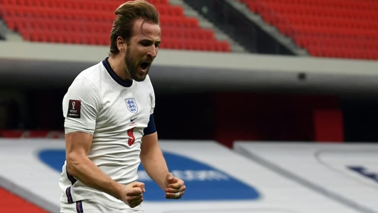 Le capitaine anglais Harry Kane célèbre son but contre l'Albanie en match de qualification pour le Mondial-2022, à Tirana, le 28 mars 2021 Le capitaine anglais Harry Kane célèbre son but contre l'Albanie en match de qualification pour le Mondial-2022, à Tirana, le 28 mars 2021