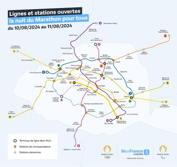 Le plan des stations de métro ouvertes toute la nuit du samedi 10 au dimanche 11 août lors du Marathon pour tous des JO 2024.