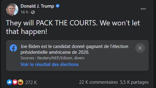 Un message publié sur le compte Facebook de Donald Trump le lundi 16 novembre, signalé par Facebook. 