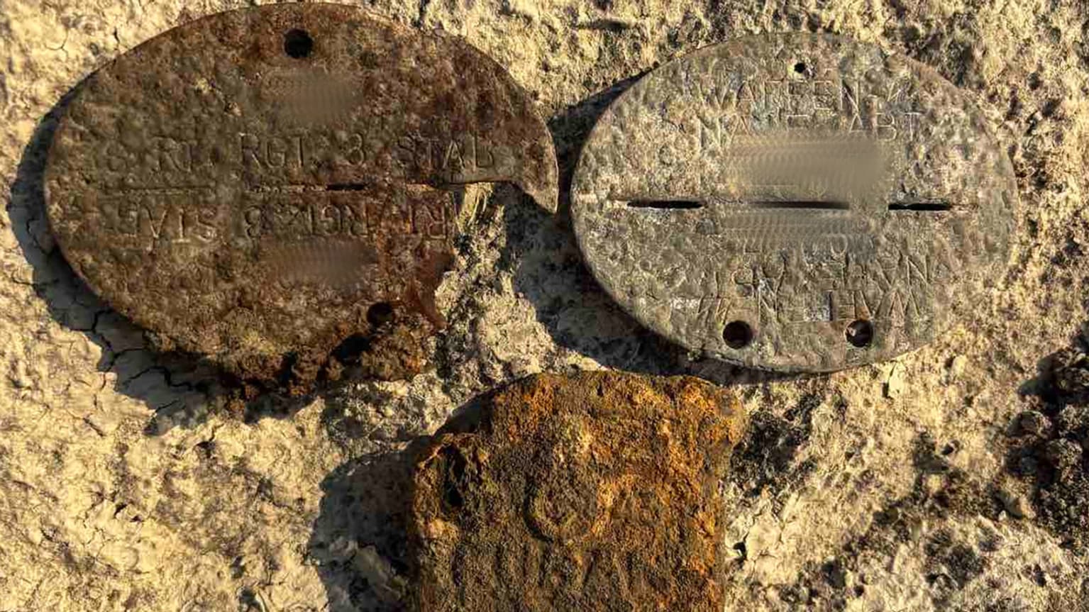 Plaques d'identifications de deux soldats allemands pendant la Seconde guerre mondiale retrouvées dans le Danube le 4 août 2026, ainsi qu'une décoration militaire allemande
