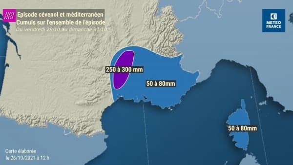 Cumul de précipitations prévu pour ce dernier week-end d'octobre sur l'ensemble du week-end dans le Bassin méditerranéen.
