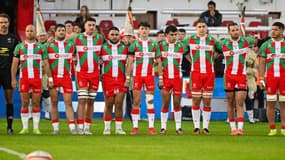 Les joueurs de Biarritz avant le match contre Colomiers (35-27, Pro D2), le 16 mai 2025