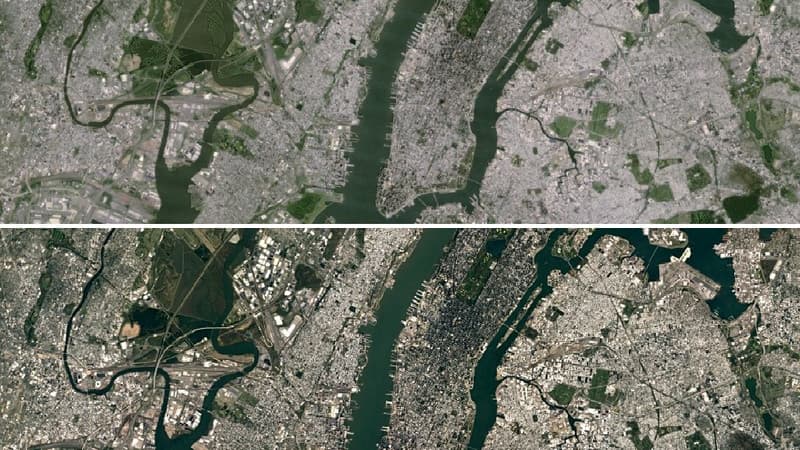 New York vu par Landsat 7, puis par Landsat 8.