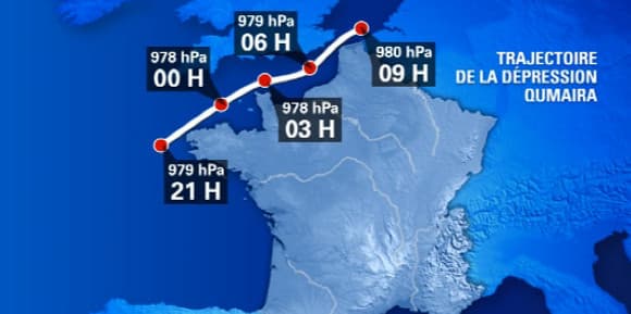 Trajectoire de la tempête Qumaira attendue à partir de 21h jusqu'à vendredi matin 9h sur le quart nord-ouest de la France