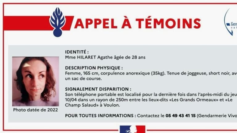 Image diffusée le 12 avril 2025 par la gendarmerie de Vivonne, avec un appel à témoins pour Agathe Hilairet, disparue depuis le 10 avril 2025