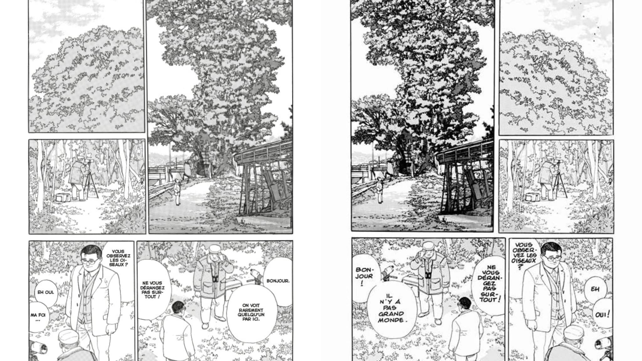 "L'Homme qui marche" de Jiro Taniguchi dans le sens de lecture japonais (à gauche) et occidental (à droite)