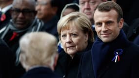Angela Merkel et Emmanuel Macron à l'arrivée de Donald Trump lors de la cérémonie des commémorations du 11-Novembre à Paris.