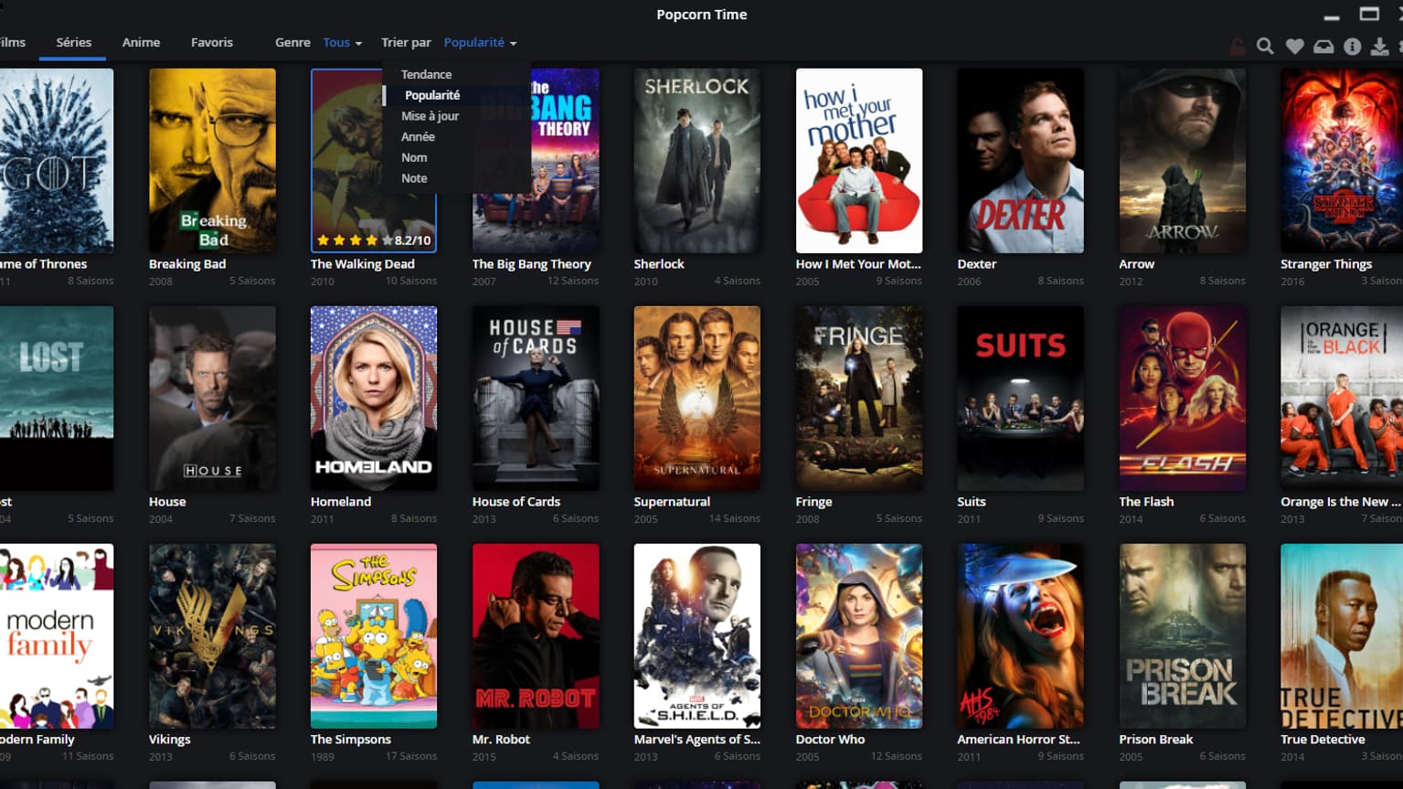L'interface de Popcorn Time
