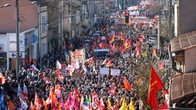 Manifestation contre la réforme des retraites à Albi, dans le Tarn, où étaient rassemblés les représentants des principaux syndicats à  le 16 février 2023