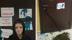 La jeune militante Darya Kheikinen devant les affiches de menace qu'elle a reçue (à gauche) et le pas de sa porte souillé (à droite).