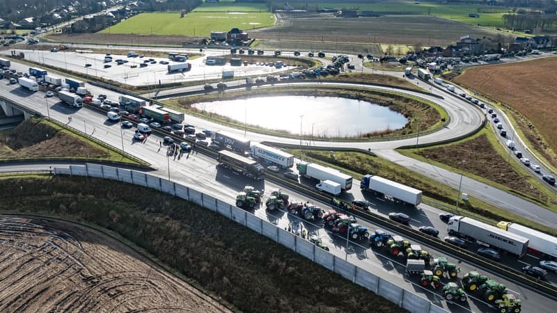 Des camions et des tracteurs bloquent l'autoroute E40 lors d'une manifestation d'agriculteurs, à Aalter (Belgique) ce mercredi. Photo d'illustration.