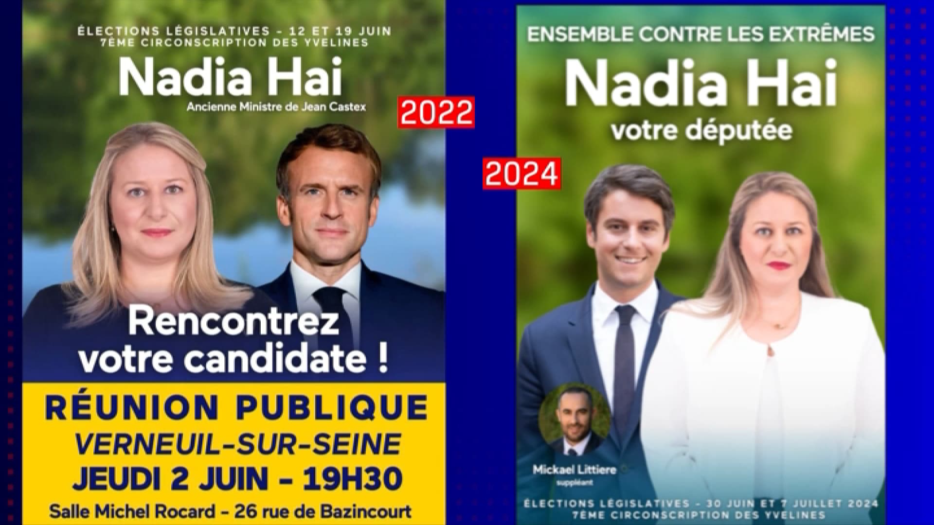 Les affiches électorales de Nadia Hai pour les législatives de 2022 et de 2024