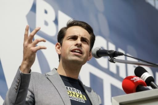 Tom Van Grieken, président du parti flamand d'extrême droite Vlaams Belang, le 1er mai 2019 à Ninove Tom Van Grieken, président du parti flamand d'extrême droite Vlaams Belang, le 1er mai 2019 à Ninove