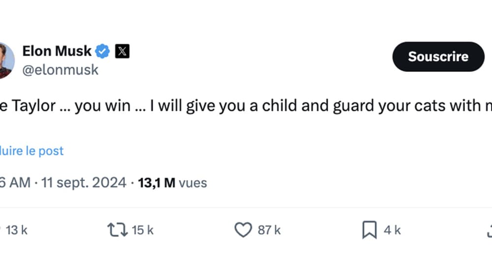 Tweet d'Elon Musk publié le 11 septembre 2024