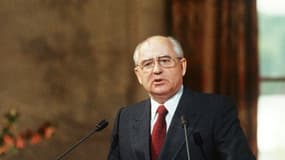 Mikhaïl Gorbatchev lors de son discours pour le prix Nobel de la Paix obtenu en 1990, le 5 juin 1991 à Oslo, en Norvège