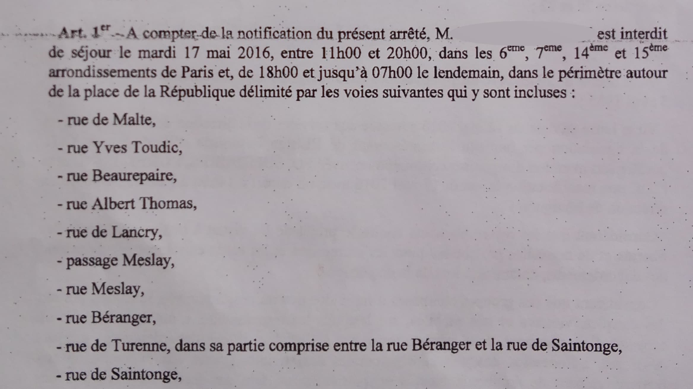 L'arrêté préfectoral interdisant à "Nnoman" d'être présent à la manifestation de mardi. L'arrêté préfectoral interdisant à "Nnoman" d'être présent à la manifestation de mardi.