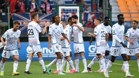 La joie des joueurs de Caen lors de la première journée de Ligue 2, 5 août 2023