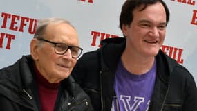 Le compositeur Ennio Morricone et le réalisateur Quentin Tarantino à la première des "Huits salopard", à Rome, en janvier 2016